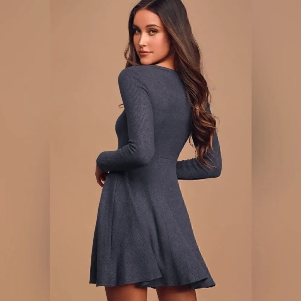 Lulus Fit and Fair Denim Blue Ribbed Knit Long Sleeve Skater Dress XL